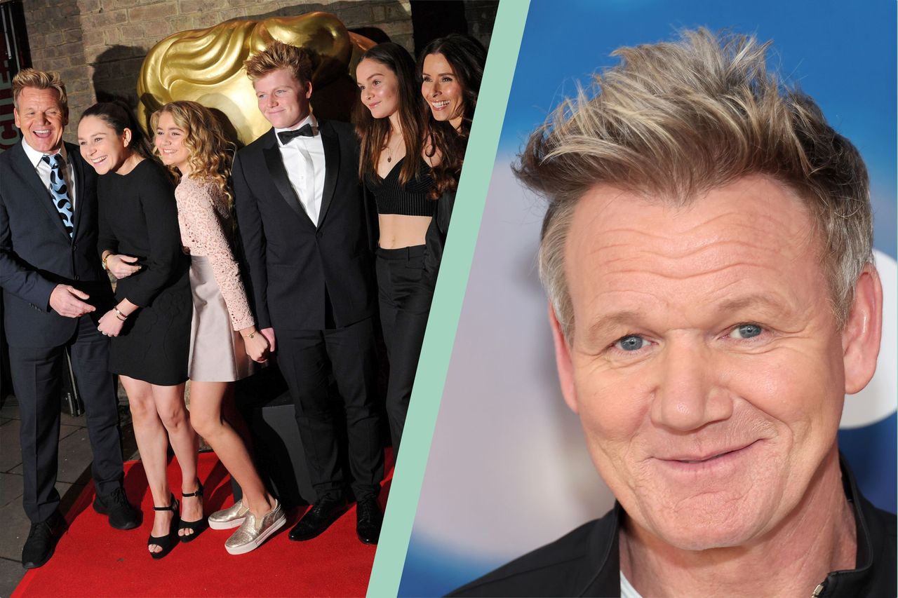 Gordon Ramsay, Megan Ramsay, Matilda Ramsay, Jack Ramsay, Holly Ramsay and Tana Ramsay and split layout with Gordon Ramsay head shot