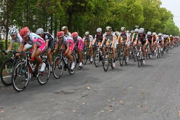 The bunch passes at speed towards the finish of Stage 2