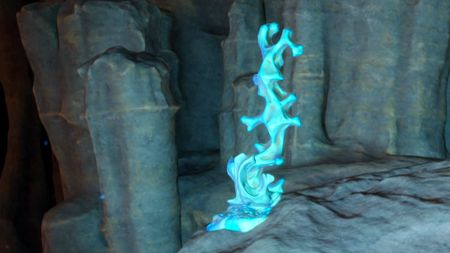 A pretty blue Conduit Crystal sits on a rock in Subnautica 2