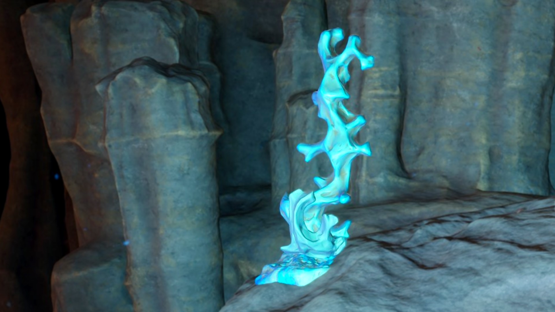 A pretty blue Conduit Crystal sits on a rock in Subnautica 2