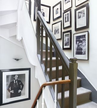 Carpeted staircase with black and white photos on the wall