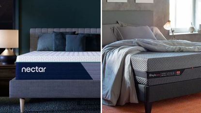 On the left, the Nectar Premier Hybrid Mattress on a bed; on the left, the Layla Hybrid Mattress on a bed.