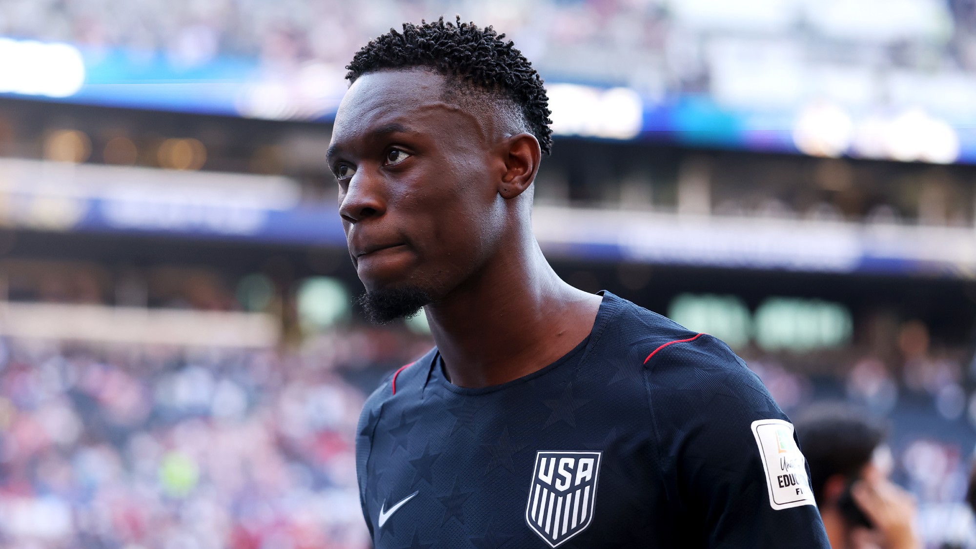 Folarin Balogun of the United States shows dejection after the team's 4-1 defeat in the FIFA World Cup