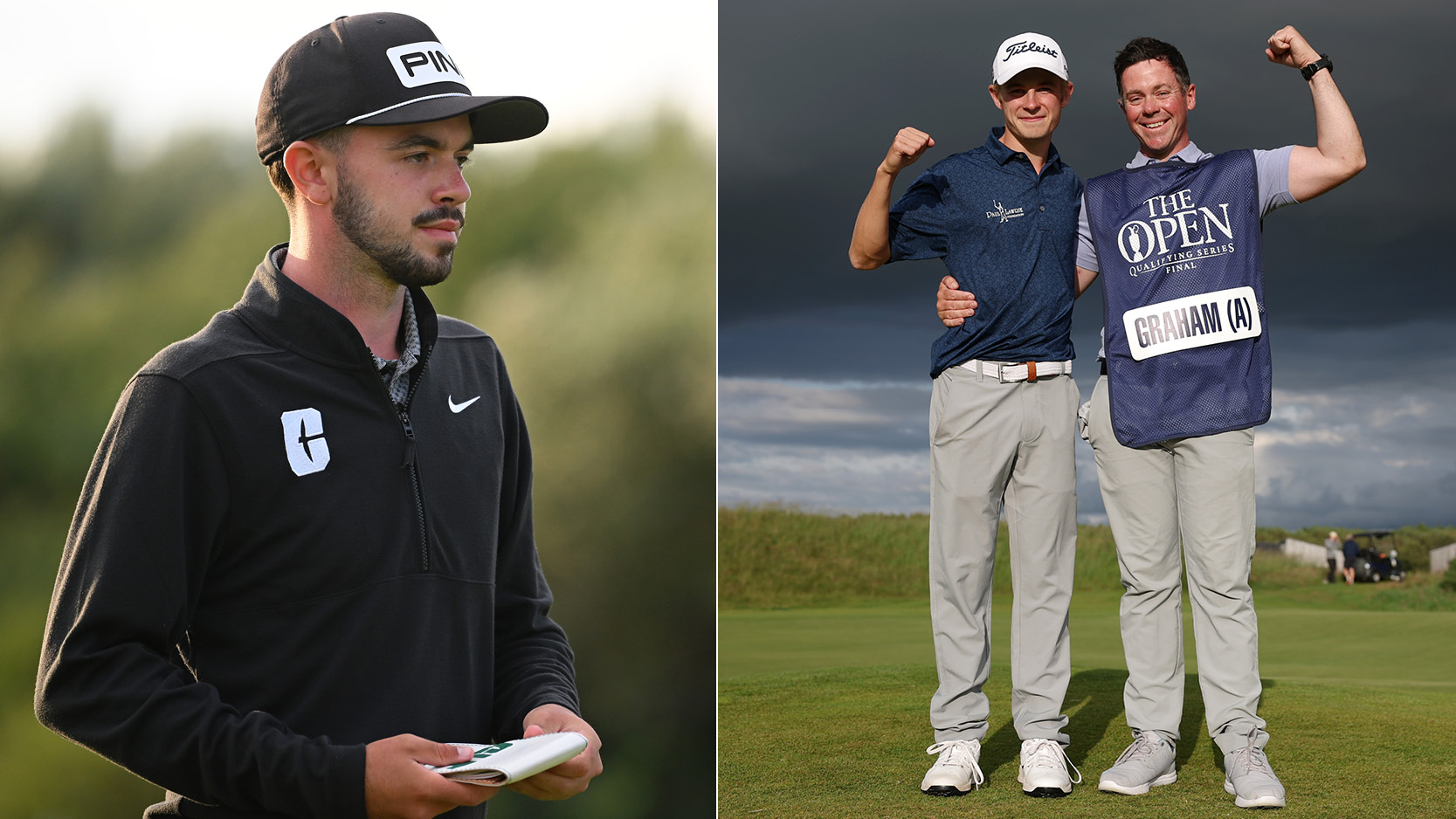 Frazer Jones looks at a yardage book, Connor Graham celebrates with his caddie