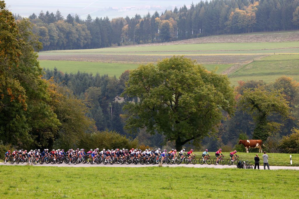 Riders on the course of stage 3 of Tour de Romandie Feminin on 9th October 2022