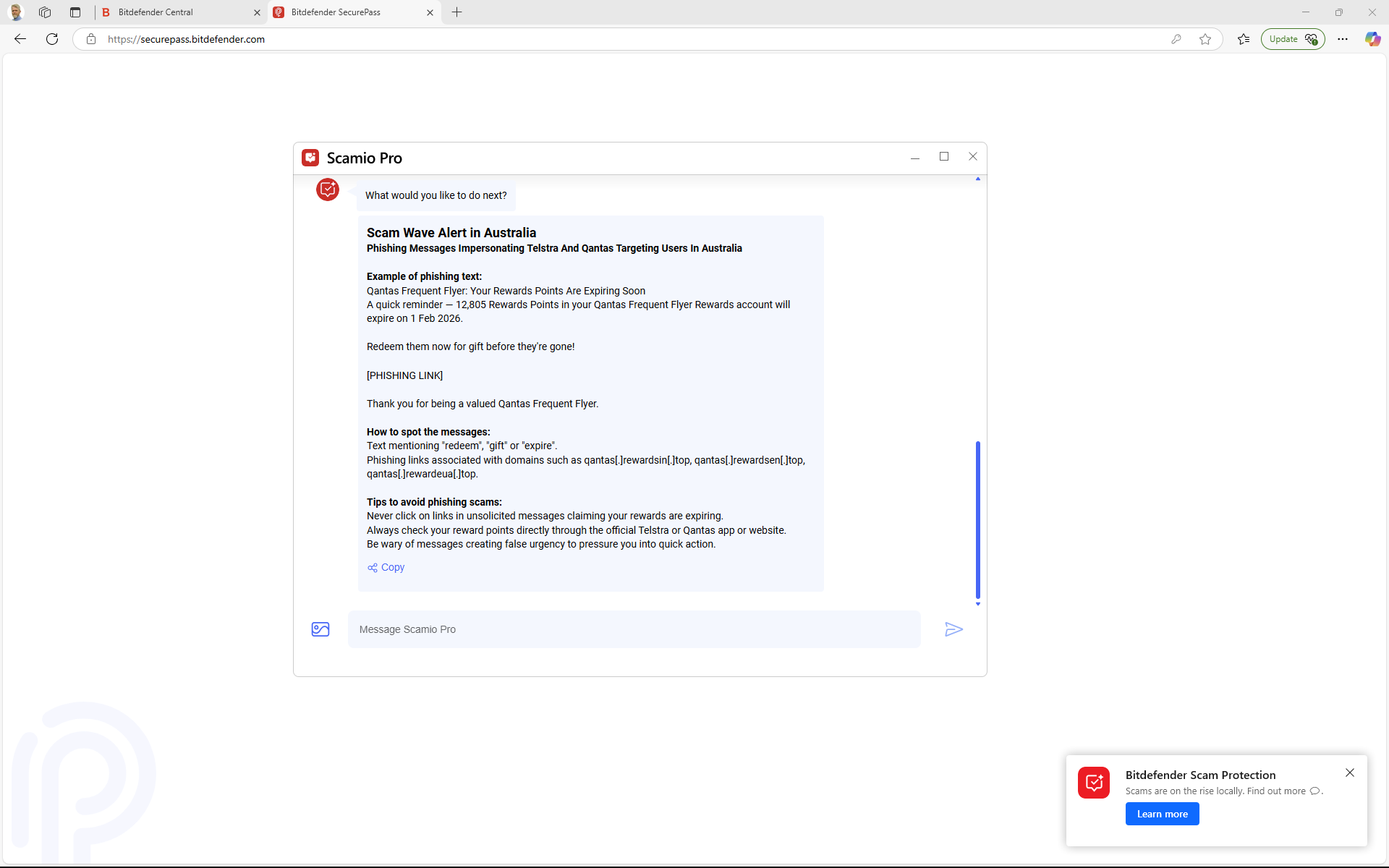 A Scam Wave Alert pop-up opens details of a new scam in Scamio Pro