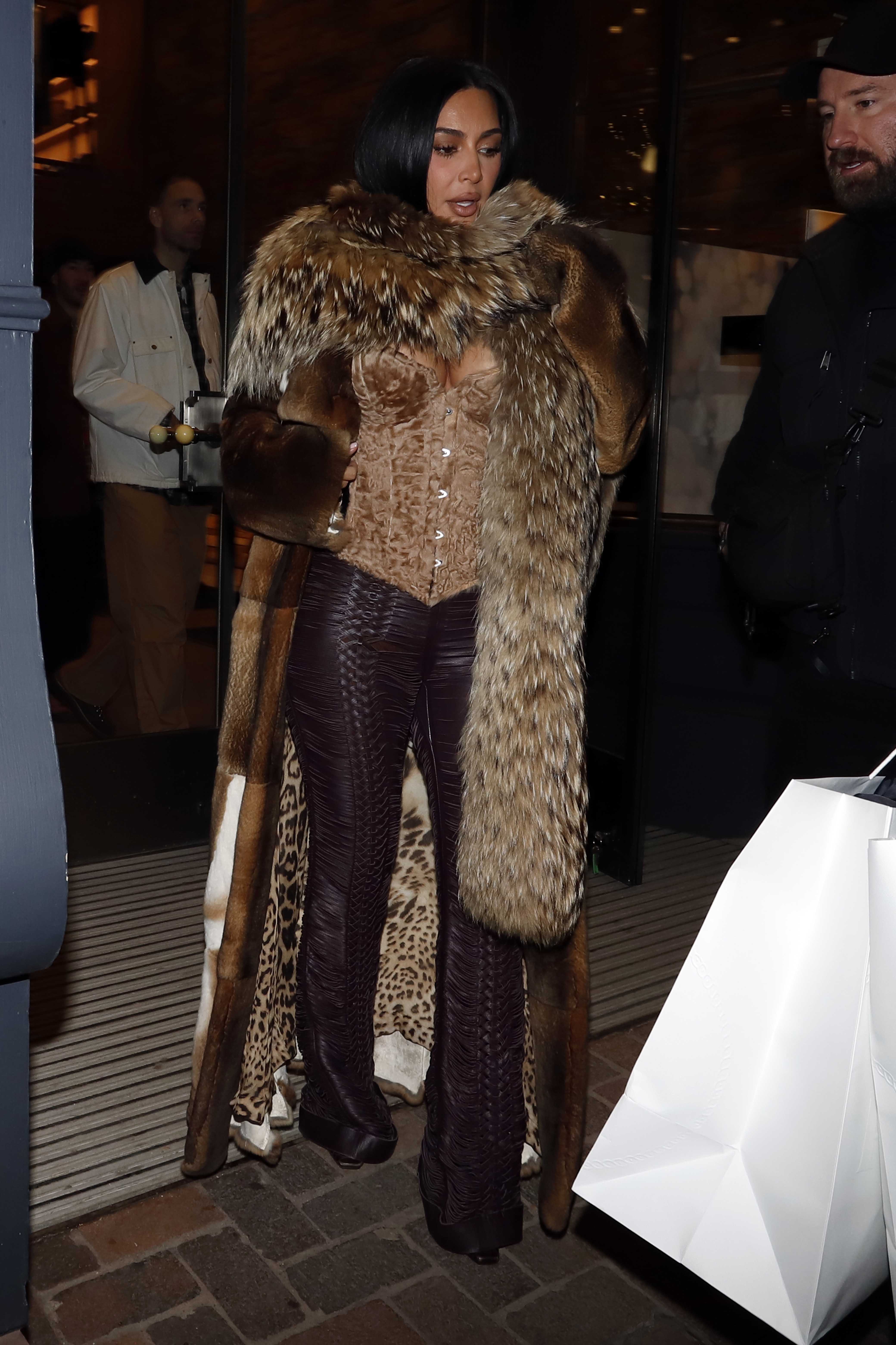 Kim Kardashian wearing a vintage fur coat in Aspen last mnth