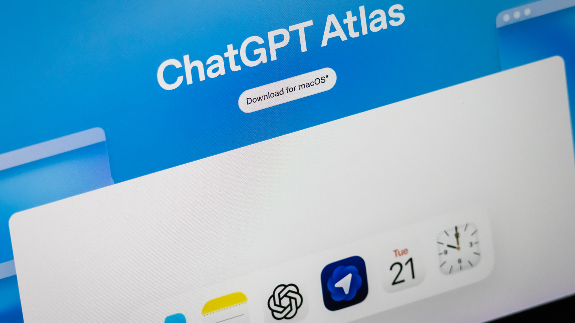 A close up of a computer screen showing the page "ChatGPT Atlas" up top.