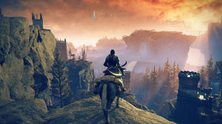 An Elden Ring character standing at the edge of a cliff