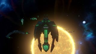 Star Trek Infinite - glowing green ships fly past a burning star