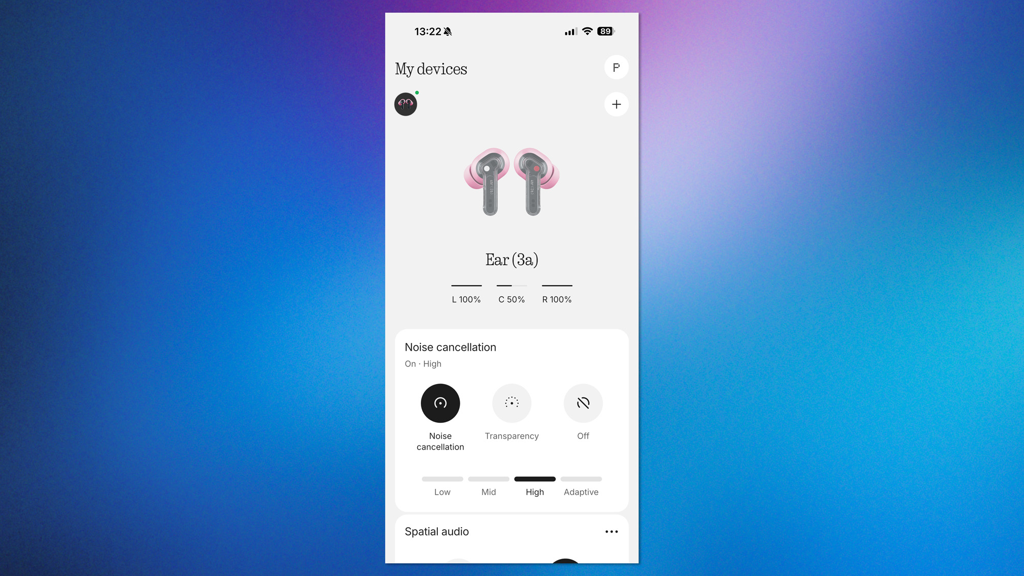 A screenshot showing the Nothing Ear (3a) earbuds being customized via the Nothing X app