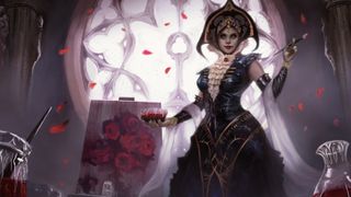 A female vampire holds a paintbrush soaked in blood in front of an ornate window and a painting of roses