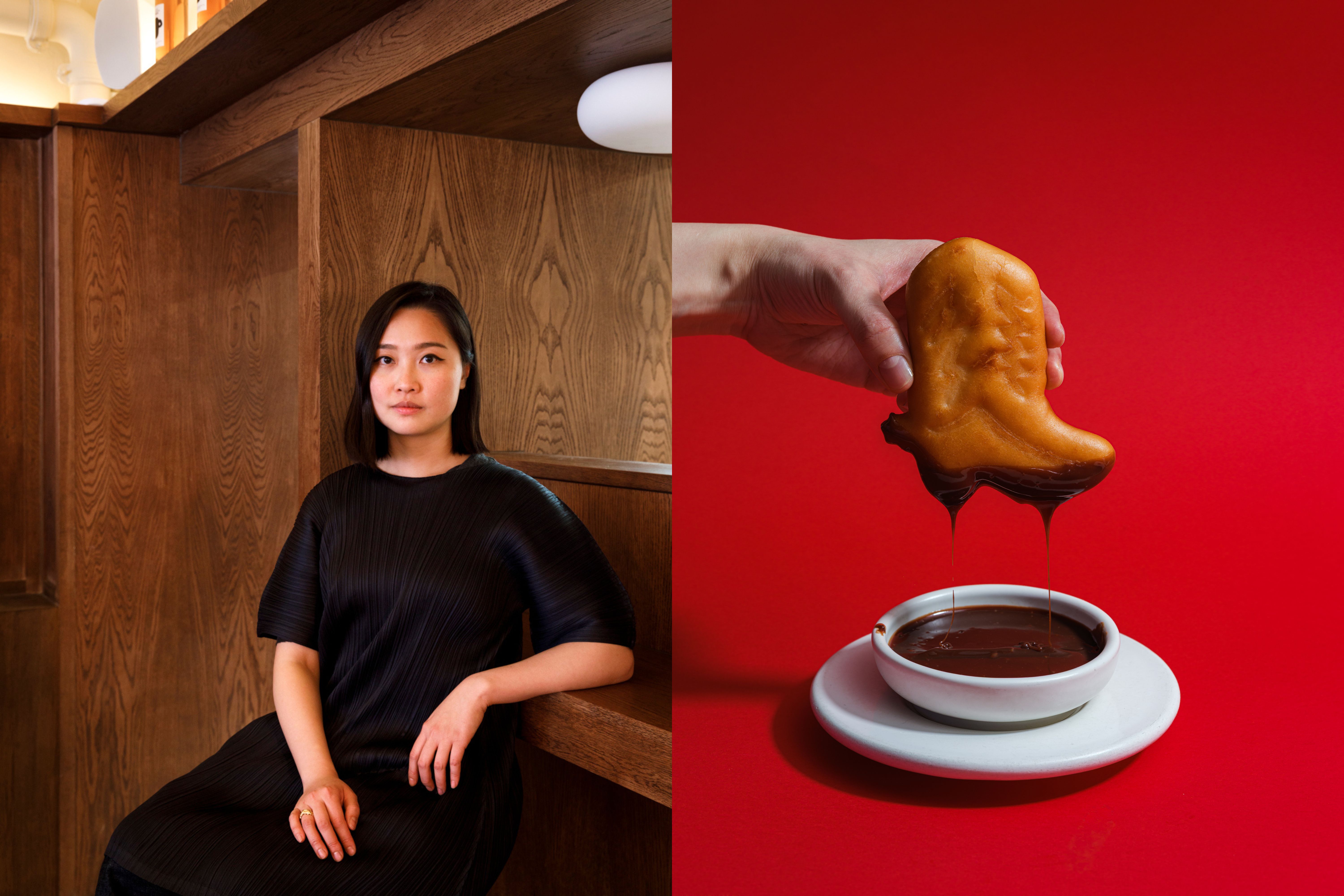 A split image depicts a young woman dressed in an all-black outfit as she sits in a wood-clad room with her right hand palm on her left leg opposite a cinematic shot of a boot-shaped sweet dipped into a hot chocolate mug.