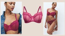 Model wearing M&S jasmine bra in dark raspberry