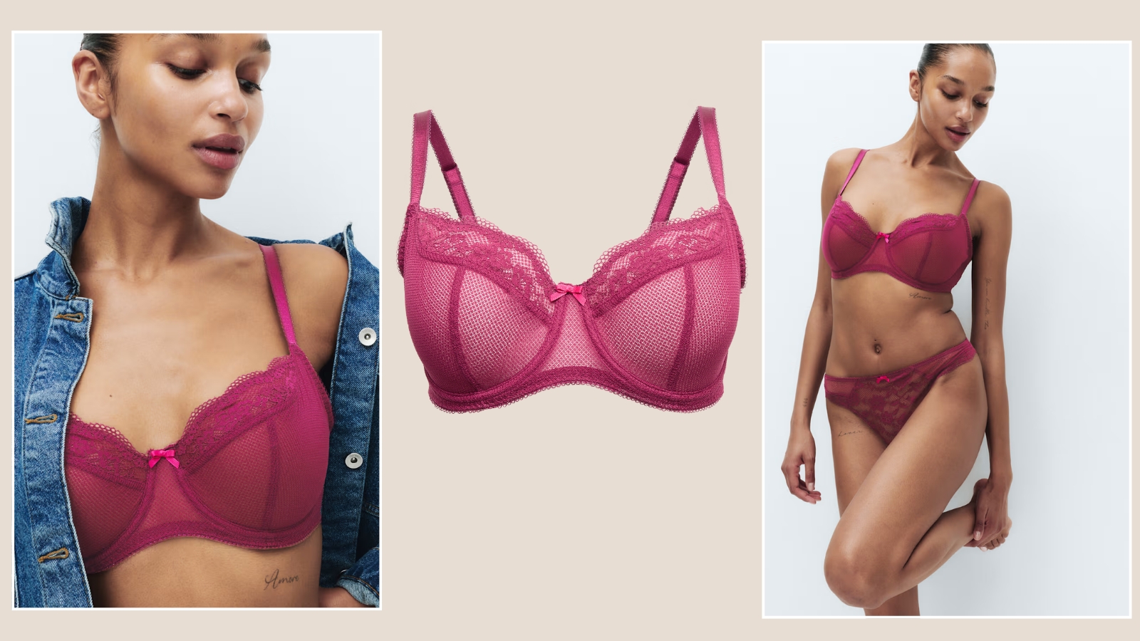 Model wearing M&amp;S jasmine bra in dark raspberry