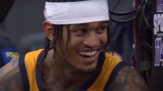 Jordan Clarkson laughing after a fan threw up during the Kings/ Jazz game.