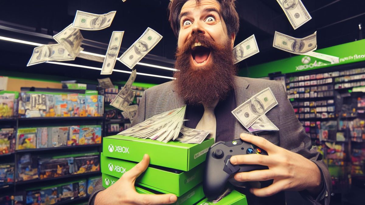 Bing AI image of &quot;Jez Corden goes crazy in an Xbox gaming store&quot;