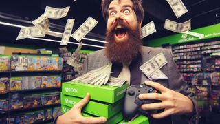 Bing AI image of "Jez Corden goes crazy in an Xbox gaming store"