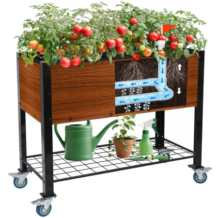 Raised Garden Bed With Legs and Wheels, Self-Watering Planter Box, 36x16x30 in Elevated Raised Bed With Storage Shelf &amp;amp; Hanging Hooks for Vegetables &amp;amp; Herbs