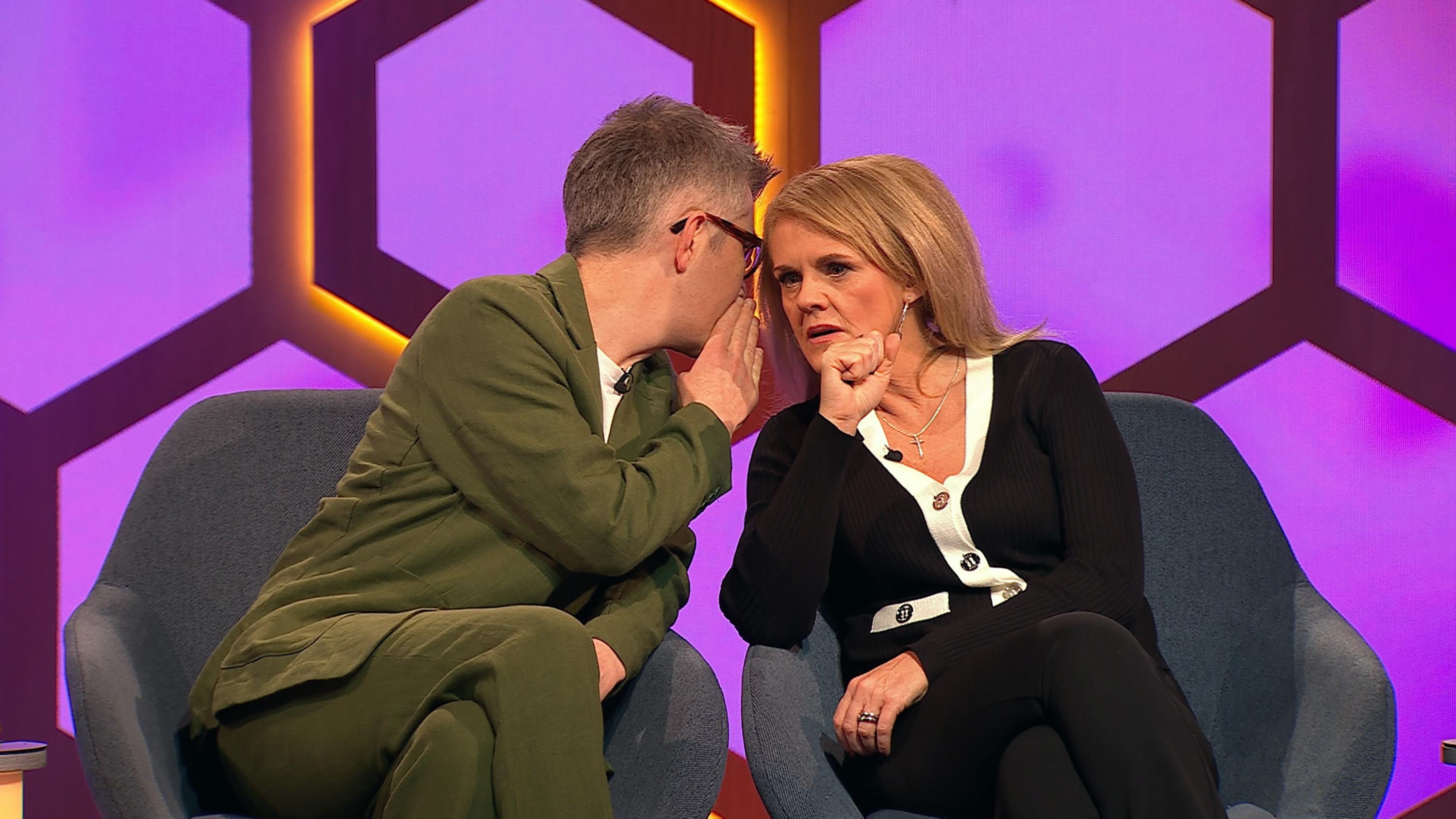 Gareth Malone and Sally Lindsay conferring on Celebrity Puzzling.
