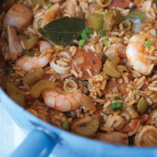 Hairy Bikers Dieters Southern style Jambalaya rice and prawns in a pan
