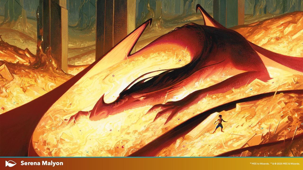 MTG The Hobbit artwork featuring Smaug on a pile of treasure