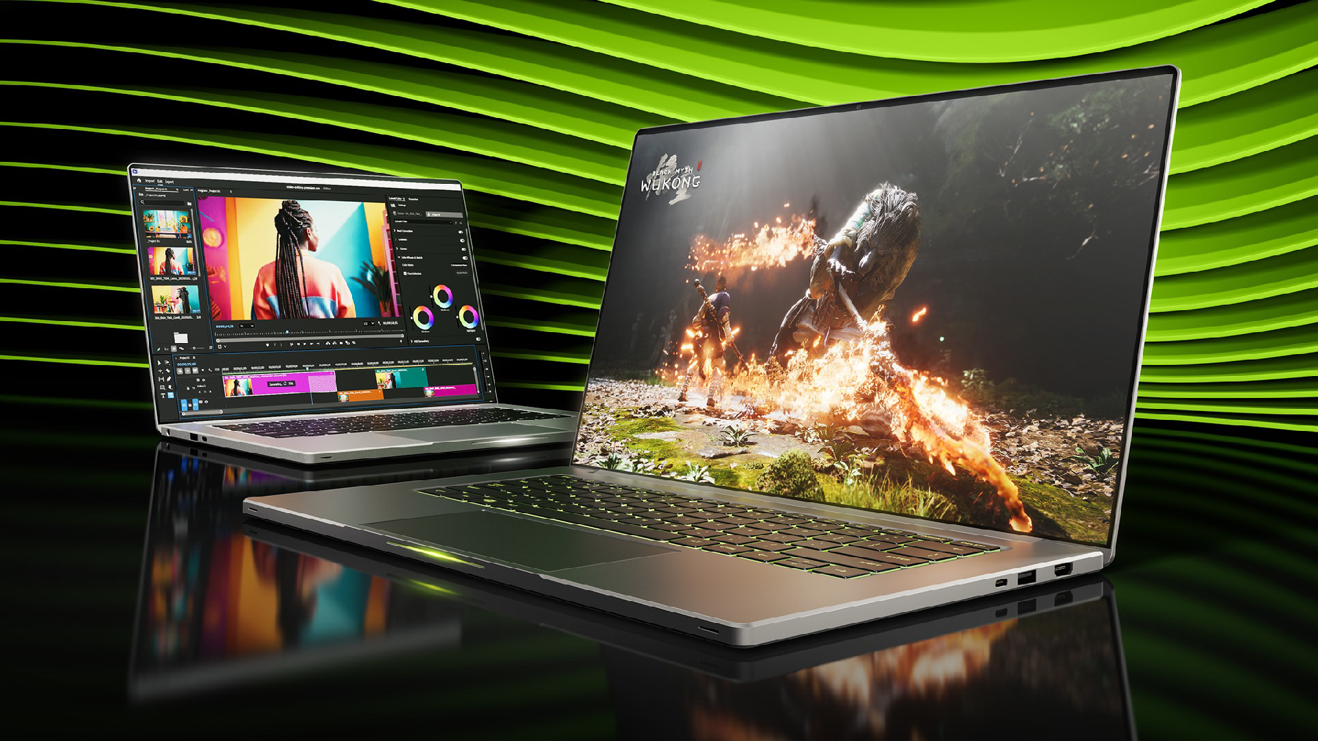 A promotional image from Nvidia showing two RTX 50-series gaming laptops in front of a green and black background