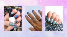 Composite of three sets of mermaid nails against a watercolor background