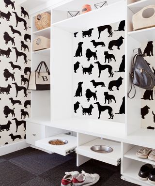 mudroom with white built in storage and dog printed wallpaper - Jenn Feldman Designs