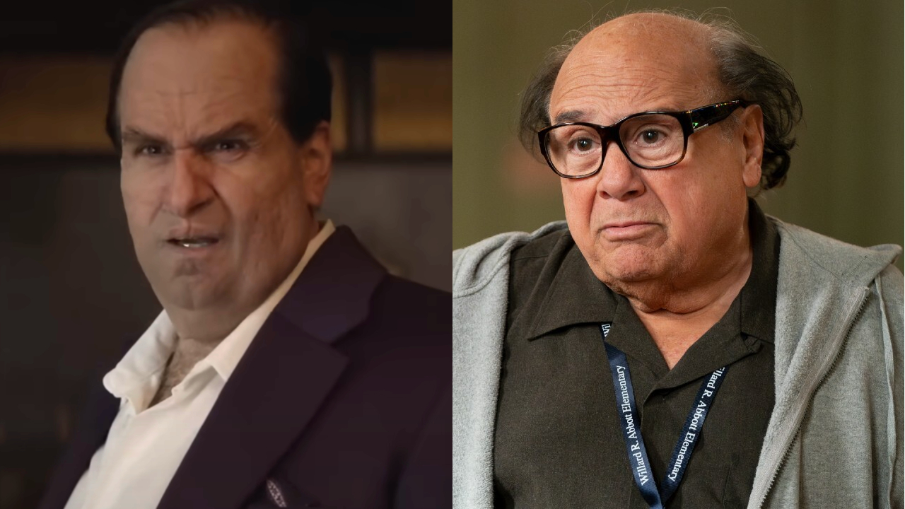 Colin Farrell pictured looking surprised in The Penguin, next to Danny DeVito looking confused on Abbott Elementary.