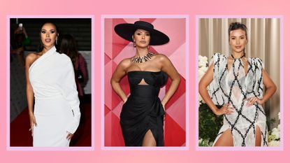 a selection of Maya Jama's red carpet looks: (L) Maya wearing a white off the shoulder, satin gown, next to another picture of her wearing a black cut out dress and matching hat, alongside a third image of Maya wearing a white lace dress with black chain detailing/ in a pink template