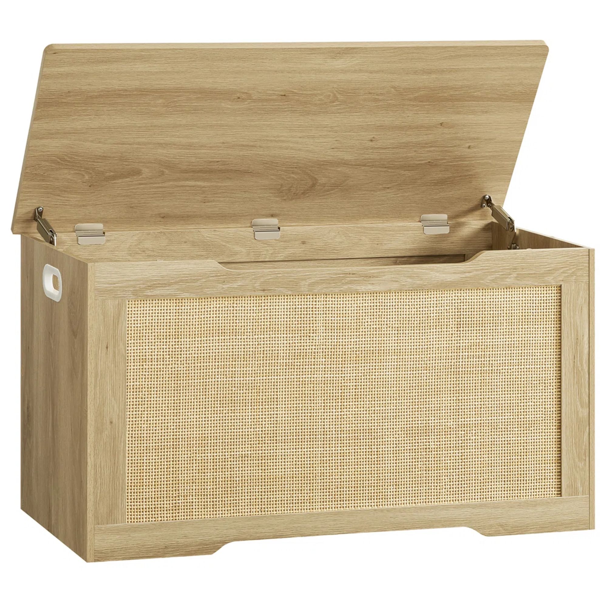 An open rattan storage chest in light wood