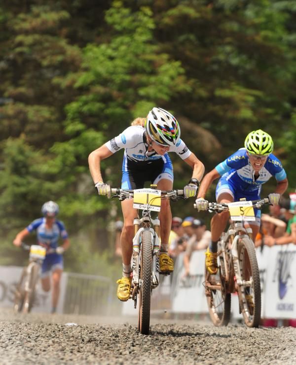 Catharine Pendrel outsprinting Katerina Nash for the win. Georgia Gould in the background running to the finish.