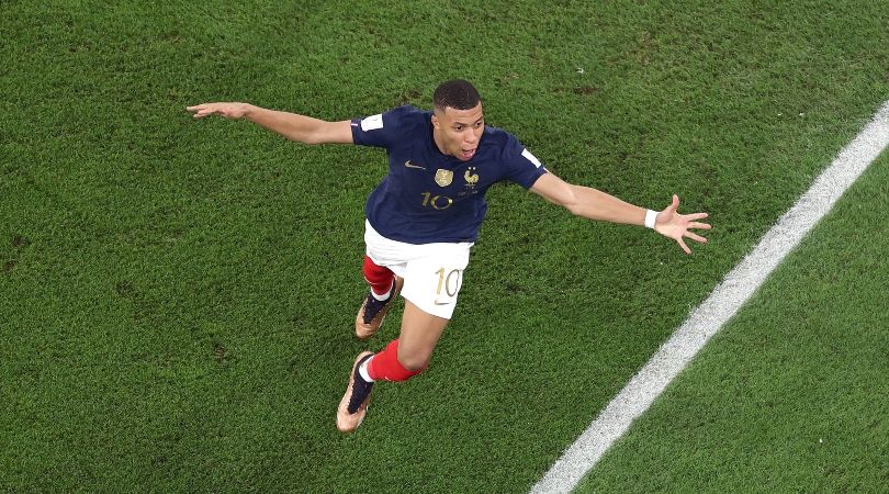 Kylian Mbappe celebrates after scoring for France against Denmark in the teams&#039; World Cup clash in Qatar.