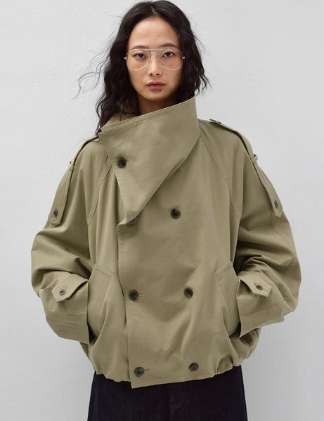 Khaki Cropped Funnel Neck Trench Jacket-Bestseller