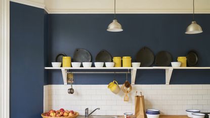 Dark blue wall in a kitchen with shelving and white tiles