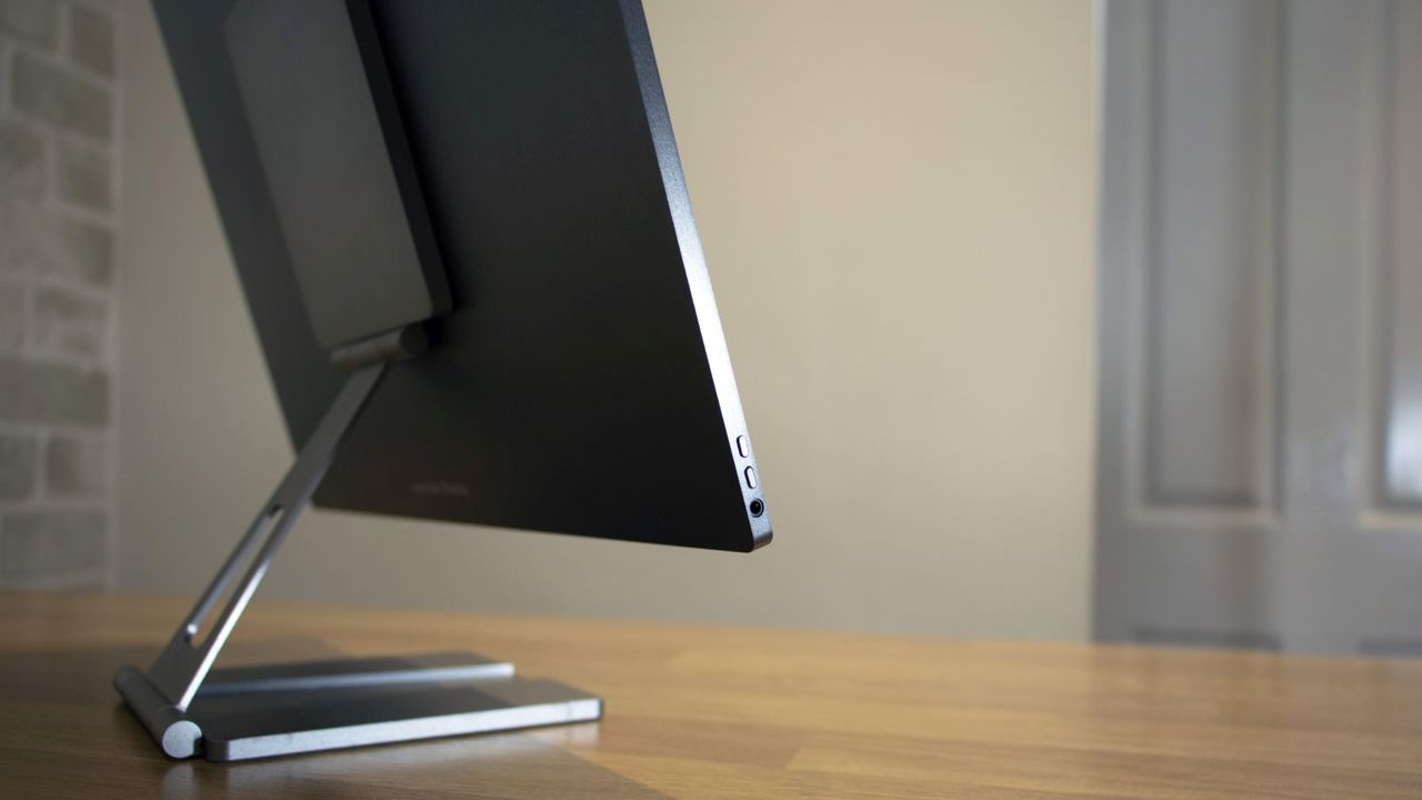 A closeup of the Espresso Display 15 buttons and headphone jack