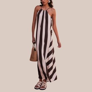 Brown Stripe Halter Maxi Dress