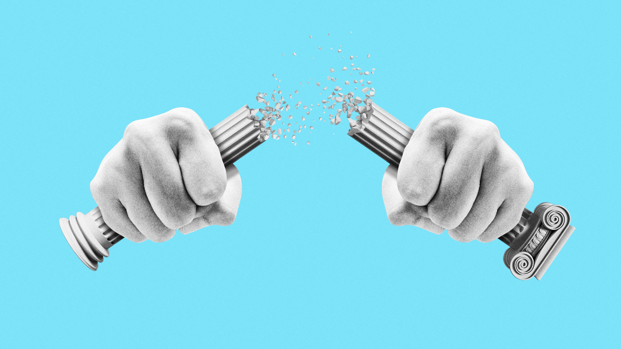 Illustration of two hands breaking a courthouse column in half