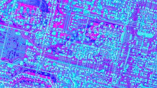 Colorful artistic representation of electronic circuit board elements.