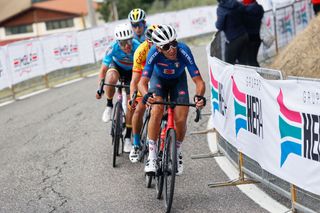 Italy’s Vincenzo Nibali drives the four-man breakaway over the climb of the Mazzolano on the final lap of the elite men’s road race at the 2020 World Championships, but the move was shortlived
