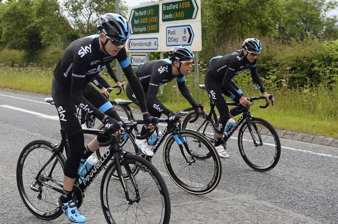 Team Sky's Chris Froome, Richie Porte and Danny Pate riding in Leeds