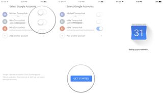 Launch Google Calendar, tap the switch next to an existing account or add a new account and sign in, tap Get Started
