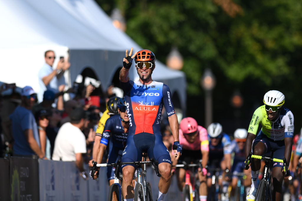 QUEBEC CITY, QUEBEC - SEPTEMBER 13: (L-R) Michael Matthews of Australia and Team Jayco AlUla celebrates at finish line as race winner ahead of Biniam Girmay of Eritrea and Team Intermarche - Wanty during the 13th Grand Prix Cycliste de Quebec 2024 a 201.6km one day race from Quebec City to Quebec City / #UCIWT / on September 13, 2024 in Quebec City, Quebec. (Photo by Alex Broadway/Getty Images)
