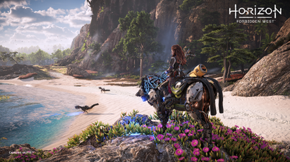 Aloy on a charger looking over a beach with machines in Horizon Forbidden West