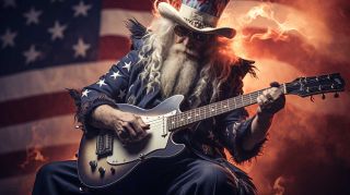 Uncle Sam playing a guitar in front of a US flag