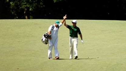 Louis Oosthuizen celebrates an albatross in the 2012 Masters