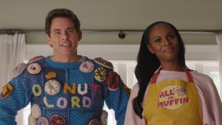 James Marsden and Tika Sumpter stand smiling in their living room in Sonic the Hedgehog 3.