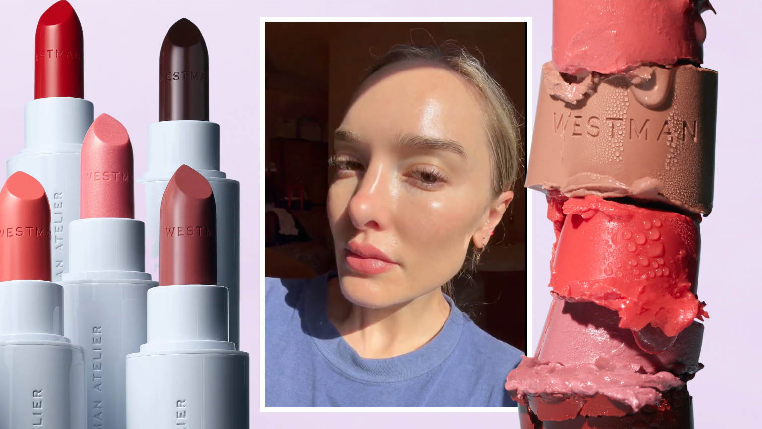 westman atelier lipsticks next to a white woman with glowing skin on a purple background
