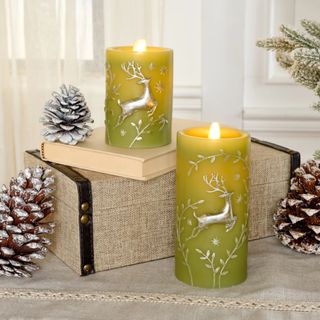 Martha Stewart Set of 2 Metallic Deer Flameless Pillar Candles